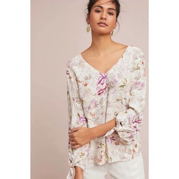 Maeve by Anthropologie Women's Pernille Floral Tie Sleeve Top Rayon Size XS - Picture 3 of 12